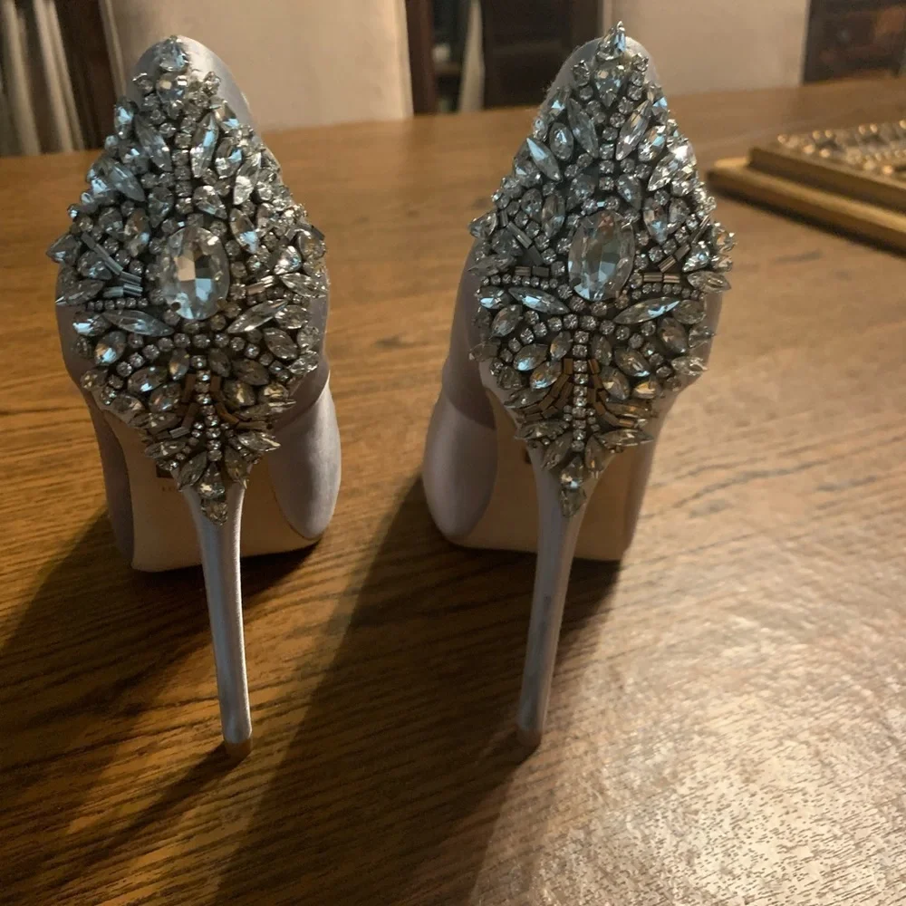 Badgley Mischka White Crystal Embellished Satin Heels